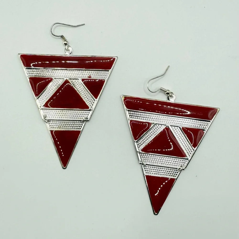 Red Silver Triangle Drop Earrings | Geometric Art Deco Statement